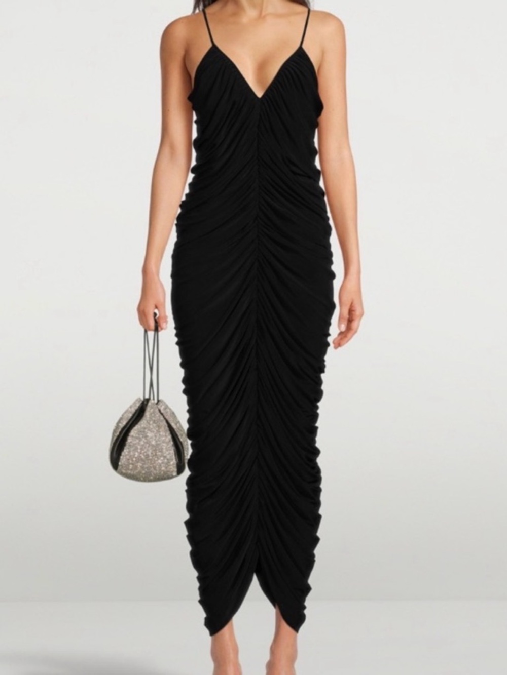 Norma Kamali Black Ruched V-Neck Spaghetti Strap Maxi Dress